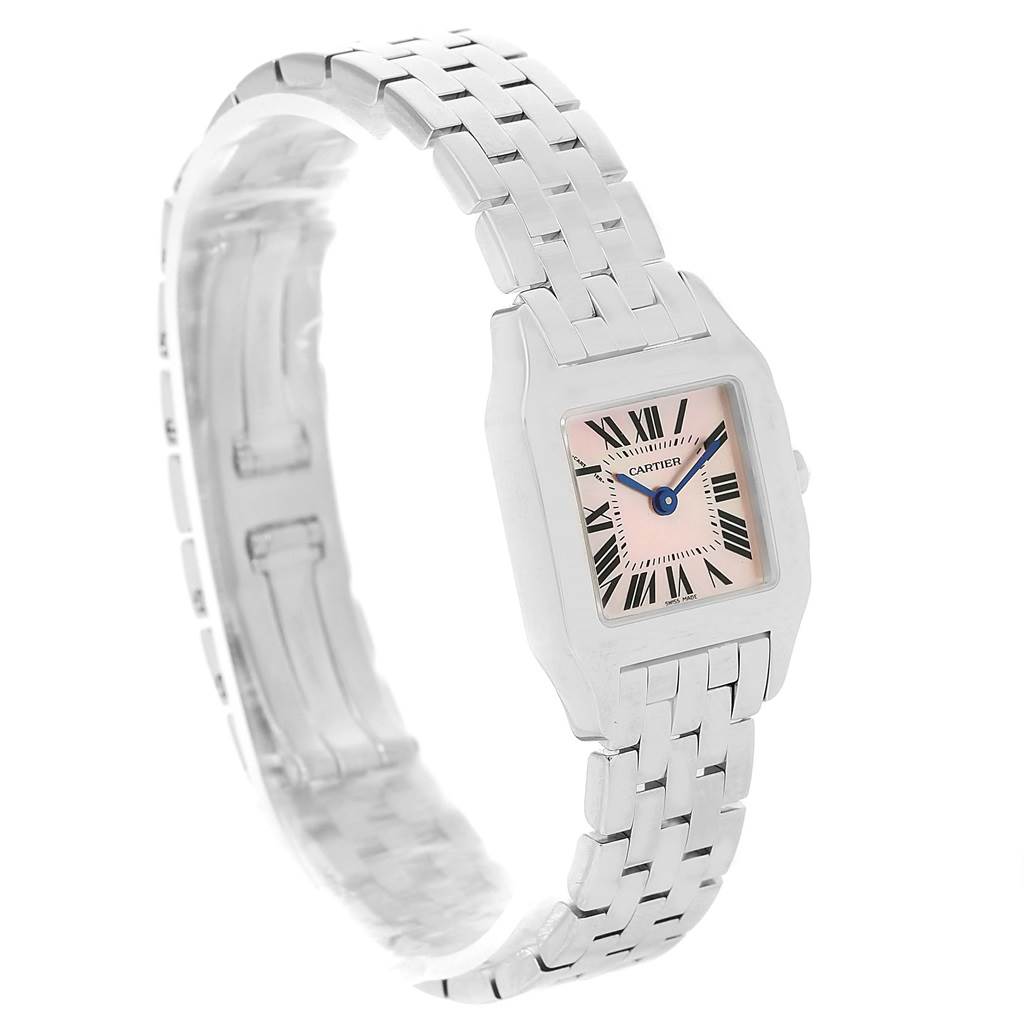 This is a Cartier Santos Demoiselle W25075Z5 Women's Stainless Steel Mother of Pearl Dial W25075Z5 Women's Stainless Steel Mother of Pearl Dial watch shown from a front angle displaying the face and part of the bracelet.