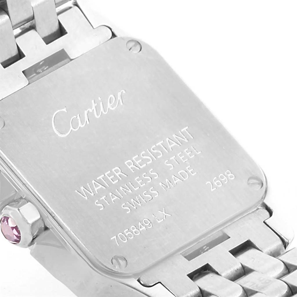 The image shows the back case and part of the strap of a Cartier Santos Demoiselle W25075Z5 Women's Stainless Steel Mother of Pearl Dial W25075Z5 Women's Stainless Steel Mother of Pearl Dial watch.
