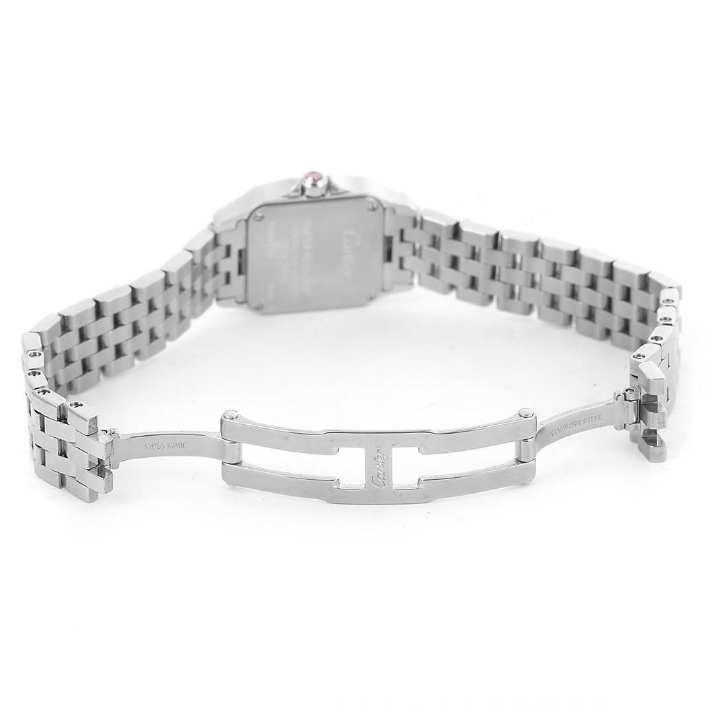 This image shows the open metal bracelet and clasp of a Cartier Santos Demoiselle W25075Z5 Women's Stainless Steel Mother of Pearl Dial W25075Z5 Women's Stainless Steel Mother of Pearl Dial watch from the backside.