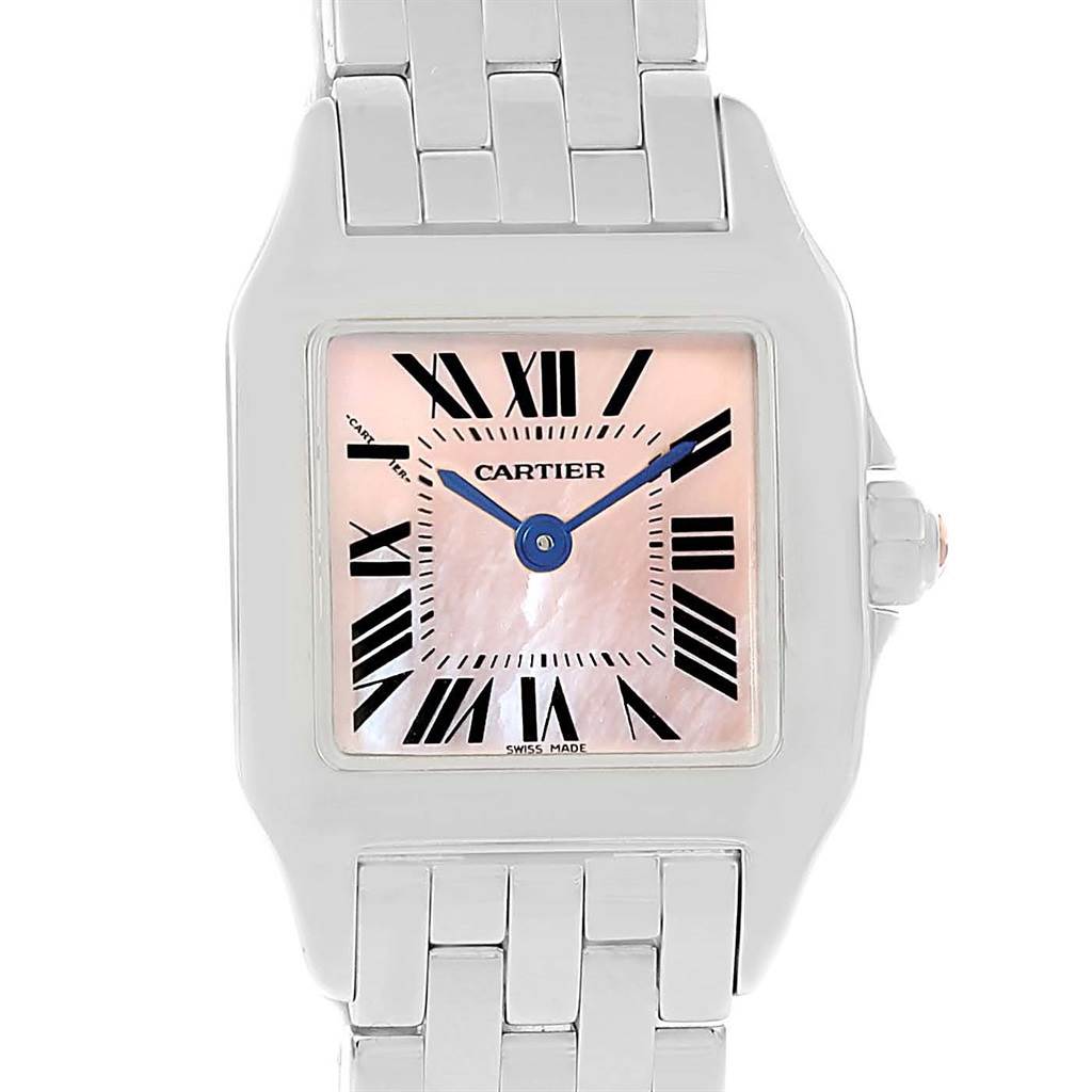 This image shows a front view of the Cartier Santos Demoiselle W25075Z5 Women's Stainless Steel Mother of Pearl Dial W25075Z5 Women's Stainless Steel Mother of Pearl Dial watch, featuring its face and part of the bracelet.