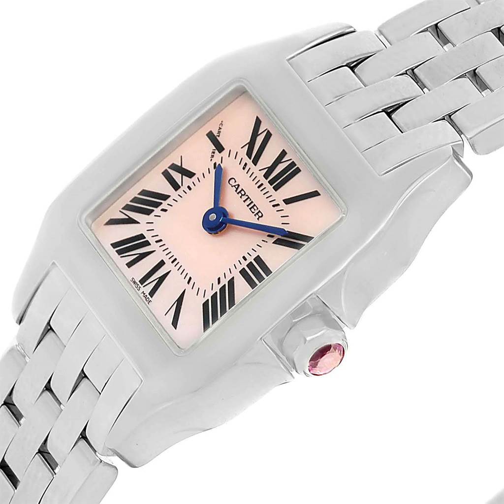 The image showcases a Cartier Santos Demoiselle W25075Z5 Women's Stainless Steel Mother of Pearl Dial W25075Z5 Women's Stainless Steel Mother of Pearl Dial watch, displaying its face, bezel, and part of the metal bracelet from a side angle.