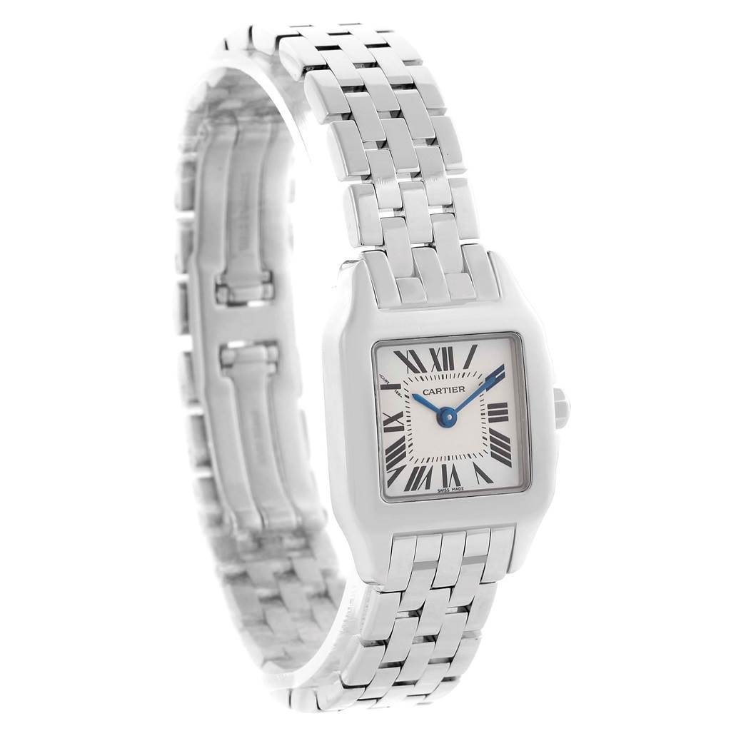 The Cartier Santos Demoiselle W25064Z5 Men's Stainless Steel Silver Dial W25064Z5 Men's Stainless Steel Silver Dial watch is shown at a slight angle, highlighting its dial, casing, and metal bracelet.