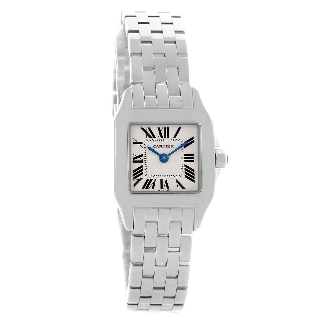 The Cartier Santos Demoiselle W25064Z5 Men's Stainless Steel Silver Dial W25064Z5 Men's Stainless Steel Silver Dial watch is shown from a front angle, highlighting its square face, Roman numerals, and stainless steel bracelet.