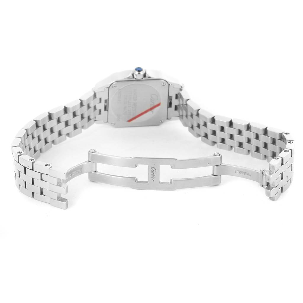 The image shows the back view of a Cartier Santos Demoiselle W25064Z5 Men's Stainless Steel Silver Dial W25064Z5 Men's Stainless Steel Silver Dial watch, highlighting the open metal bracelet and clasp.