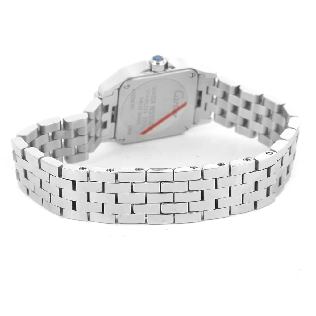 The image shows the back view of a Cartier Santos Demoiselle W25064Z5 Men's Stainless Steel Silver Dial W25064Z5 Men's Stainless Steel Silver Dial watch, highlighting the watch's stainless steel bracelet and case back.