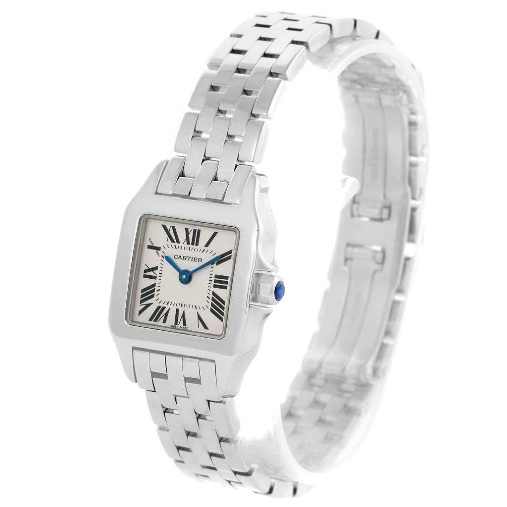 The image shows a Cartier Santos Demoiselle W25064Z5 Men's Stainless Steel Silver Dial W25064Z5 Men's Stainless Steel Silver Dial watch at an angle highlighting its face, bracelet, and side crown.