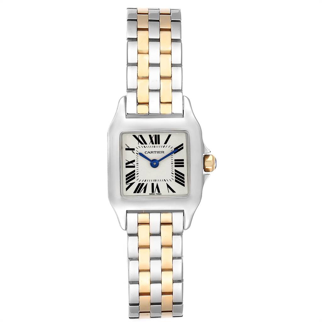 The Cartier Santos Demoiselle W25066Z6 Women's Steel and Gold (two tone) Silver Dial W25066Z6 Women's Steel and Gold (two tone) Silver Dial watch is shown from a top-down angle, displaying its face and the two-tone metal bracelet.