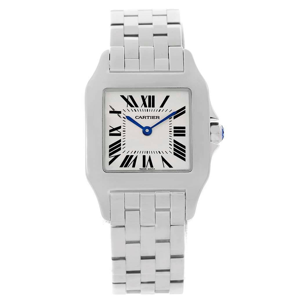 The image shows a front view of the Cartier Santos Demoiselle W25065Z5 Women's Stainless Steel Silver Dial W25065Z5 Women's Stainless Steel Silver Dial watch, highlighting its face, bracelet, and crown.