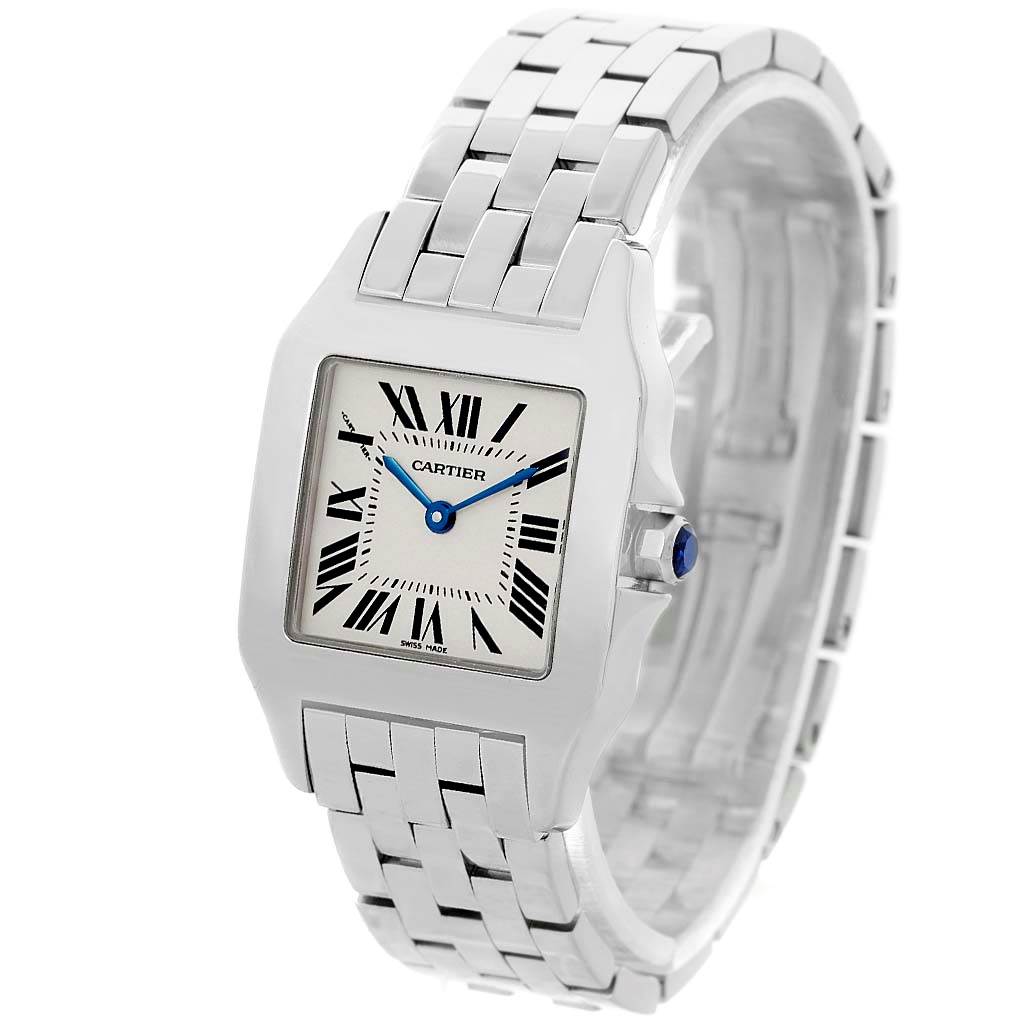 The Cartier Santos Demoiselle W25065Z5 Women's Stainless Steel Silver Dial W25065Z5 Women's Stainless Steel Silver Dial watch is shown from a slight angle, highlighting the face, bezel, and bracelet.
