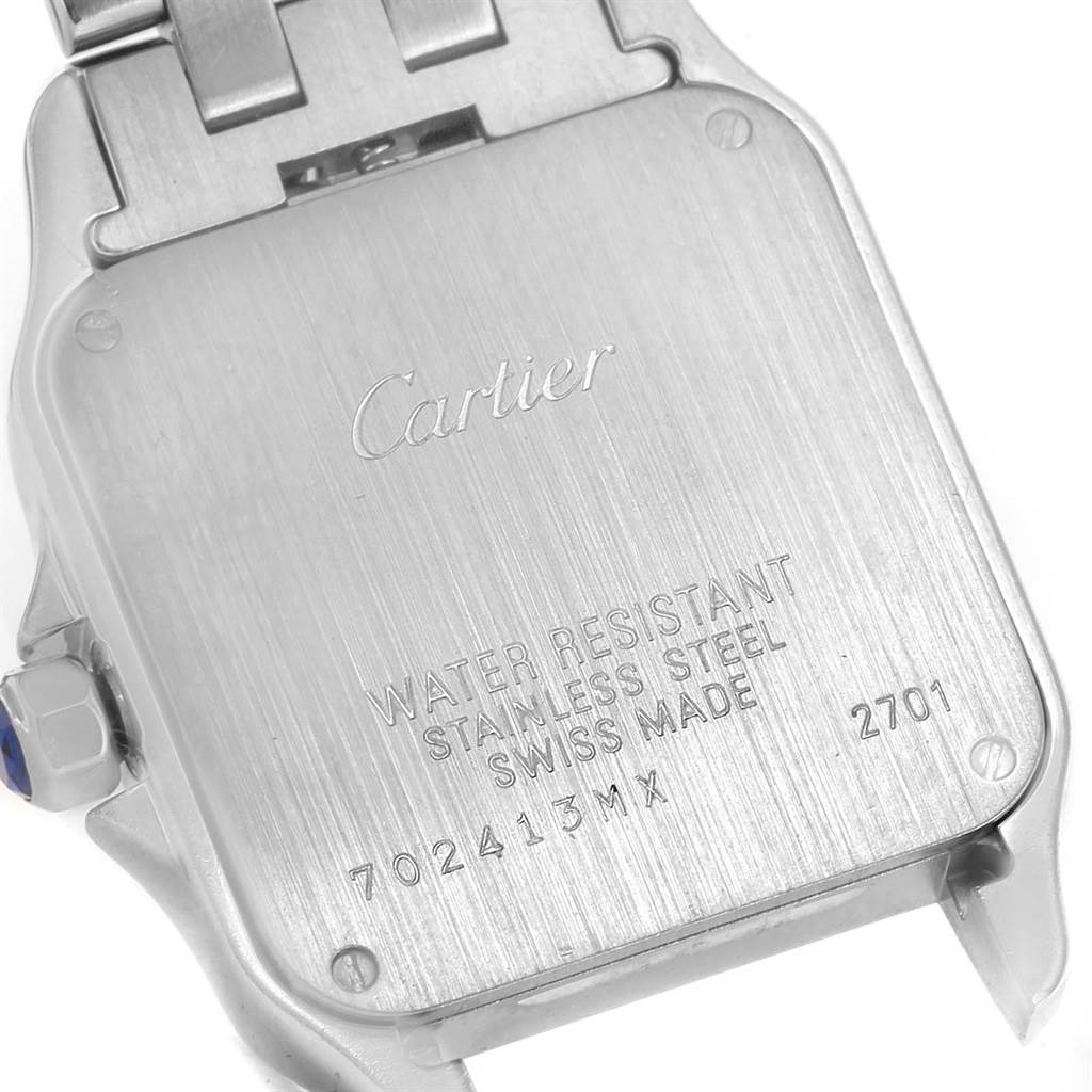The image shows the back case of a Cartier Santos Demoiselle W25065Z5 Women's Stainless Steel Silver Dial W25065Z5 Women's Stainless Steel Silver Dial watch, highlighting the brand engraving and specifications.