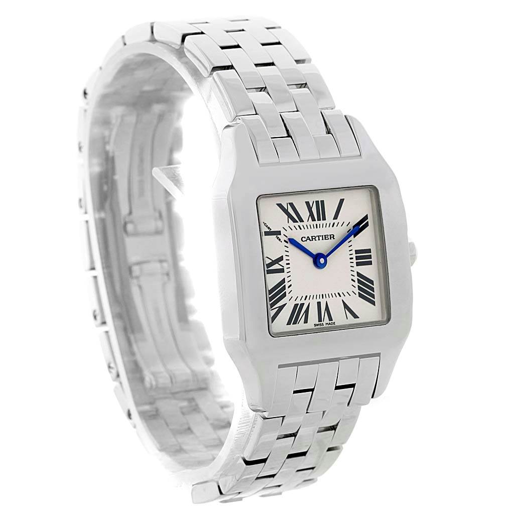 The image shows a Cartier Santos Demoiselle W25065Z5 Women's Stainless Steel Silver Dial W25065Z5 Women's Stainless Steel Silver Dial watch from a three-quarter angle, displaying the face and the metal bracelet.