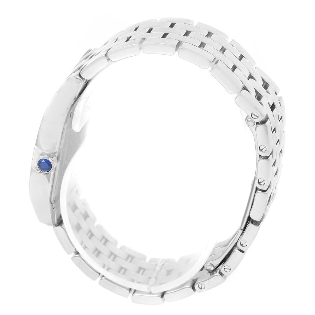 This image shows a side profile of the Santos Demoiselle model by Cartier, highlighting the bracelet and crown.