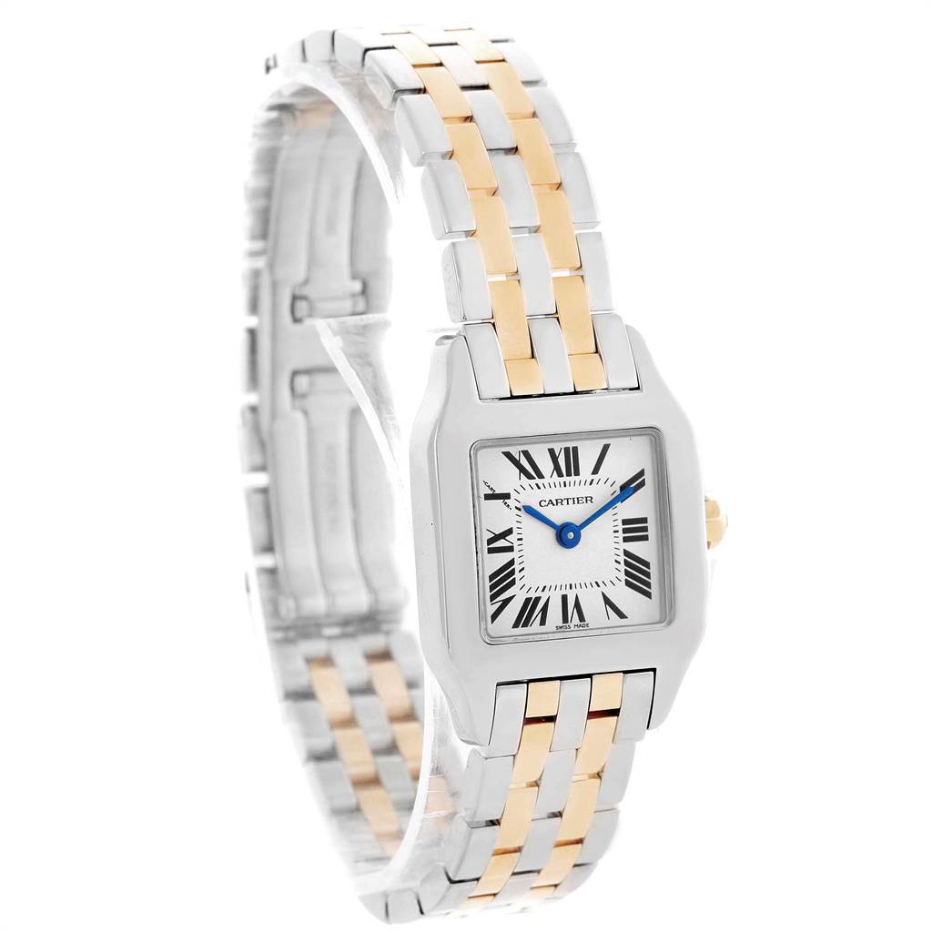 The Santos Demoiselle by Cartier is shown at an angle highlighting its two-tone bracelet and square face with Roman numeral markers.