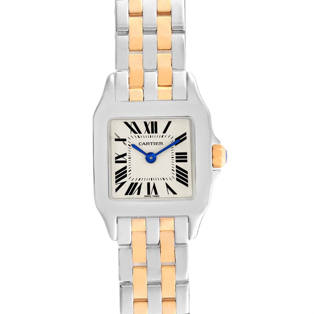 The image shows a front view of the Santos Demoiselle model by Cartier, highlighting its face and part of the linked band.