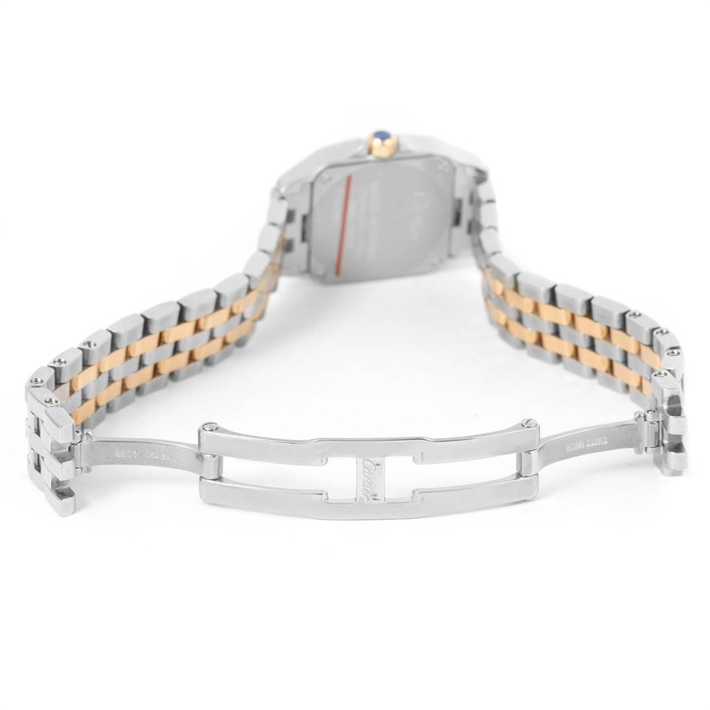 The image shows the opened bracelet and clasp of a Cartier Santos Demoiselle W25066Z6 Women's Steel and Gold (two tone) Silver Dial W25066Z6 Women's Steel and Gold (two tone) Silver Dial watch, viewed from the back.