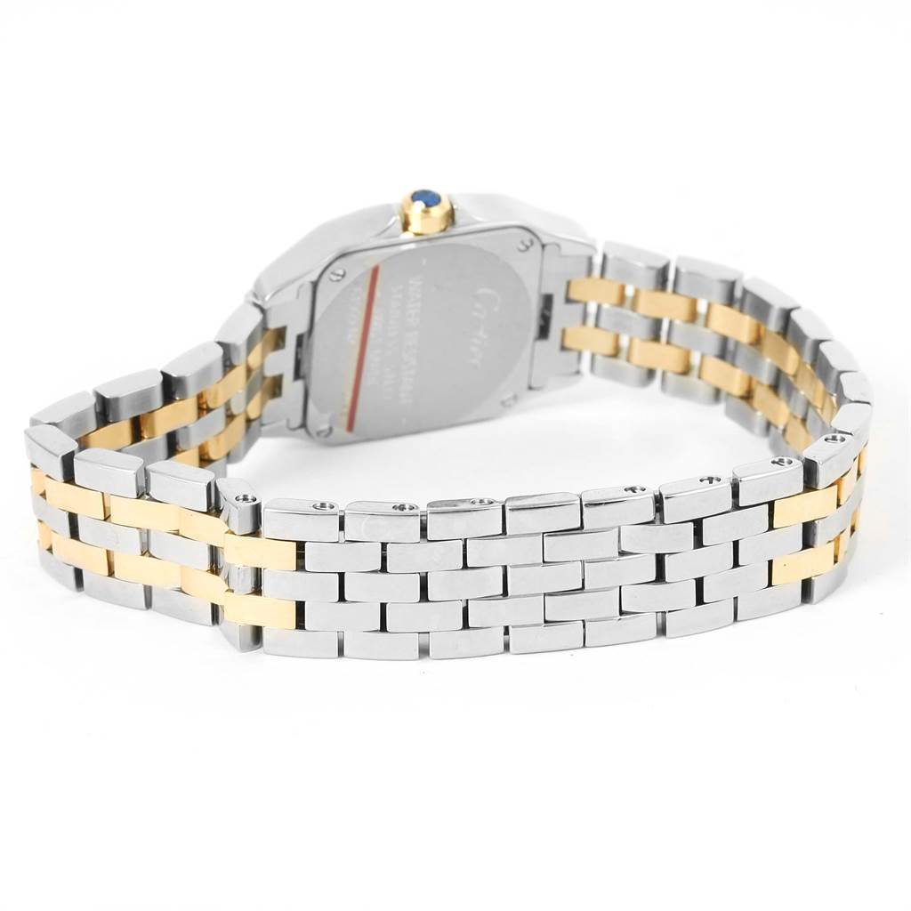 This image shows the back and side view of the bracelet and case of a Cartier Santos Demoiselle W25066Z6 Women's Steel and Gold (two tone) Silver Dial W25066Z6 Women's Steel and Gold (two tone) Silver Dial watch.