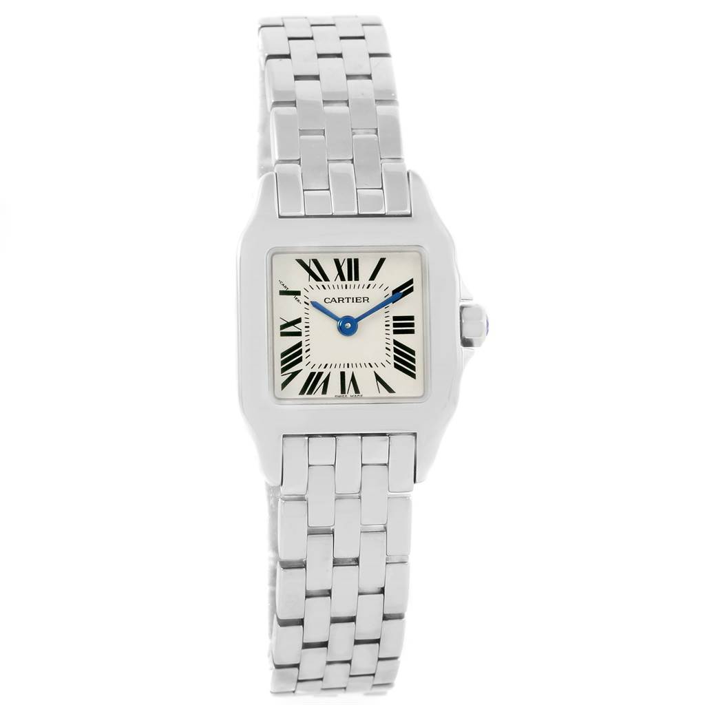 The image shows a frontal view of the Cartier Santos Demoiselle W25064Z5 Women's Stainless Steel Silver Dial W25064Z5 Women's Stainless Steel Silver Dial model, displaying the watch face and bracelet.