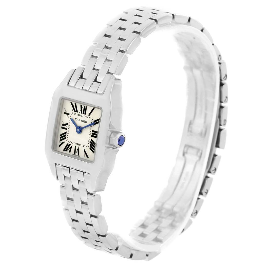 The Cartier Santos Demoiselle W25064Z5 Women's Stainless Steel Silver Dial W25064Z5 Women's Stainless Steel Silver Dial watch is shown at a side angle, displaying the face, bracelet, and crown.