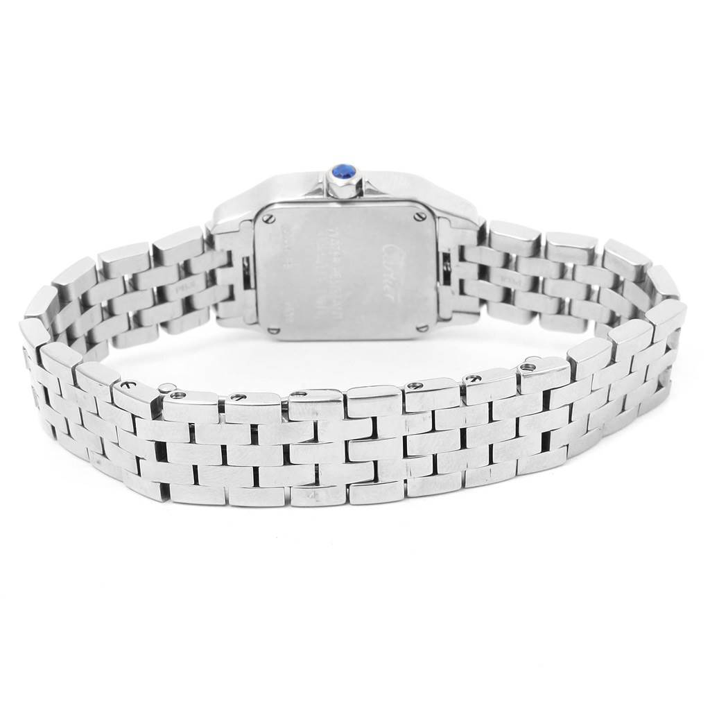 The image shows the back view of the Cartier Santos Demoiselle W25064Z5 Women's Stainless Steel Silver Dial W25064Z5 Women's Stainless Steel Silver Dial watch, focusing on its case back and metal bracelet.