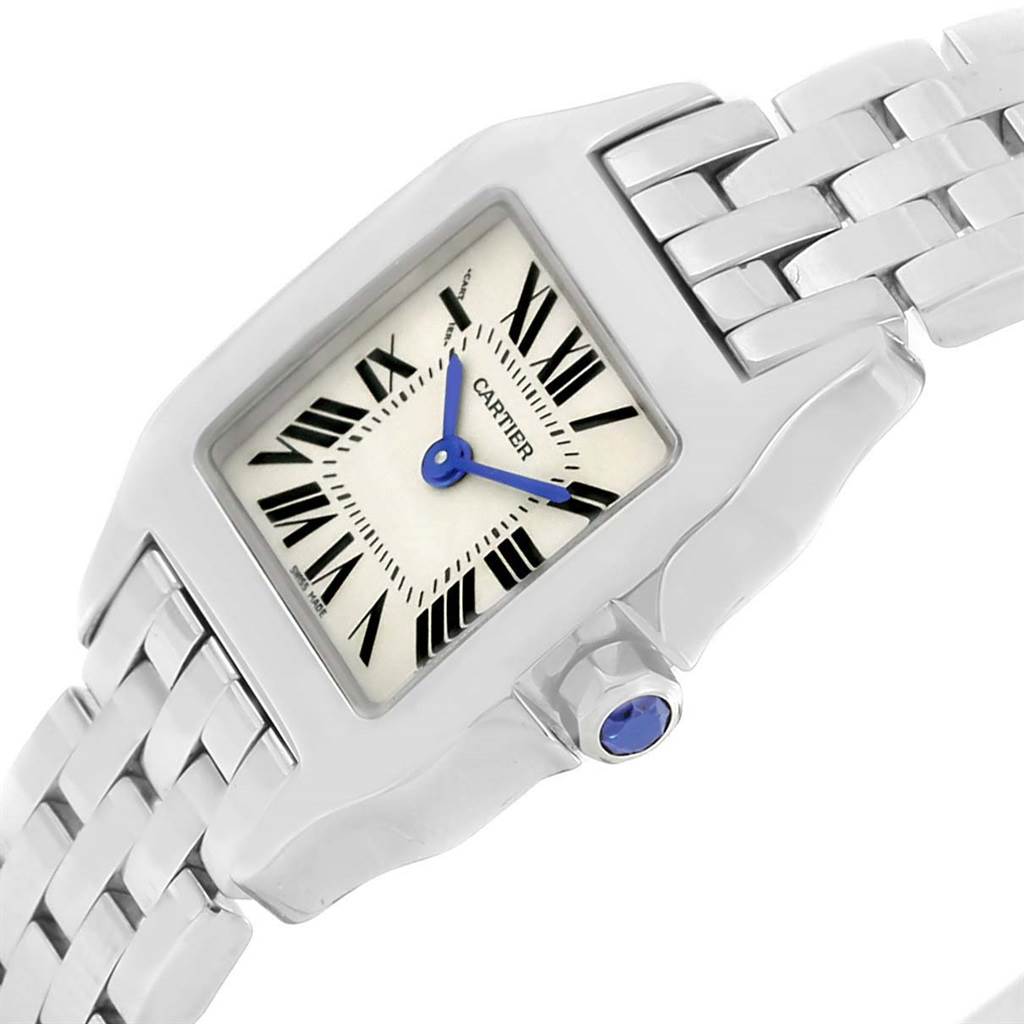 The image shows a Cartier Santos Demoiselle W25064Z5 Women's Stainless Steel Silver Dial W25064Z5 Women's Stainless Steel Silver Dial watch from a top angle, highlighting the face, crown, and part of the bracelet.