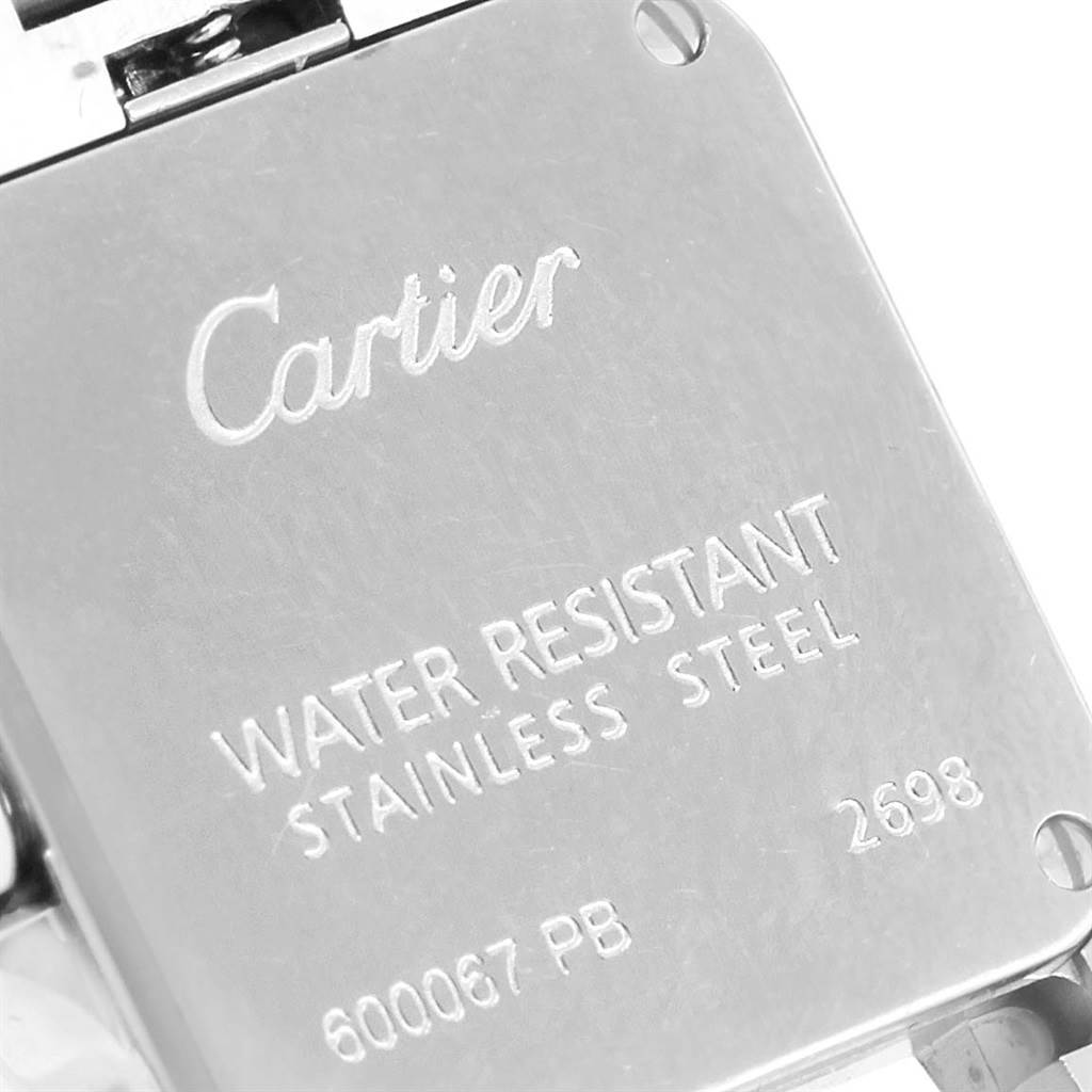 The image shows the back case of a Santos Demoiselle model by Cartier, detailing its water resistance and material.