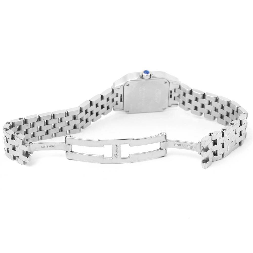 This image shows the open clasp and rear view of the Cartier Santos Demoiselle W25064Z5 Women's Stainless Steel Silver Dial W25064Z5 Women's Stainless Steel Silver Dial watch, highlighting the stainless steel bracelet.