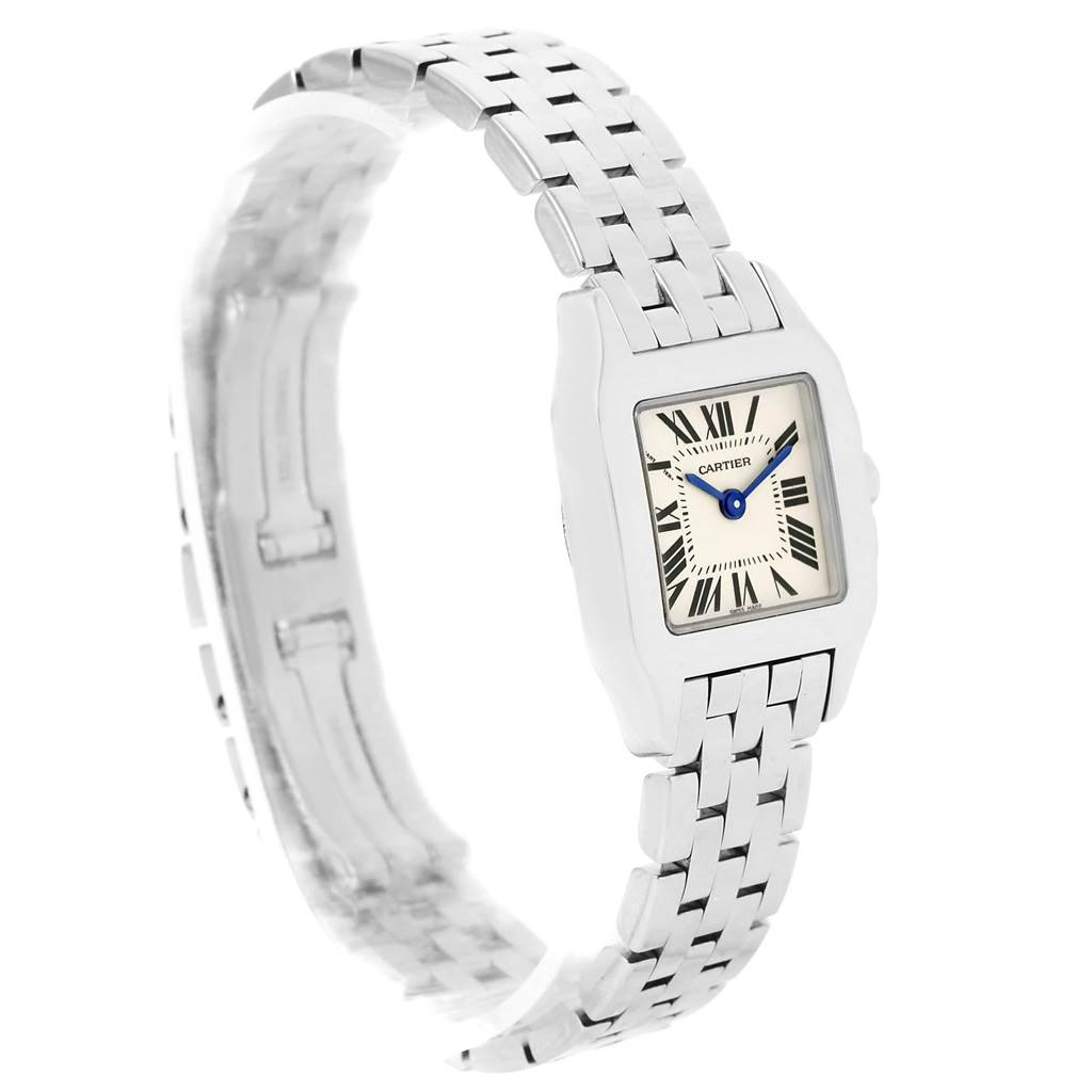 The image shows a Cartier Santos Demoiselle W25064Z5 Women's Stainless Steel Silver Dial W25064Z5 Women's Stainless Steel Silver Dial watch at an angled side view, highlighting its square face, Roman numeral dial, and linked bracelet.