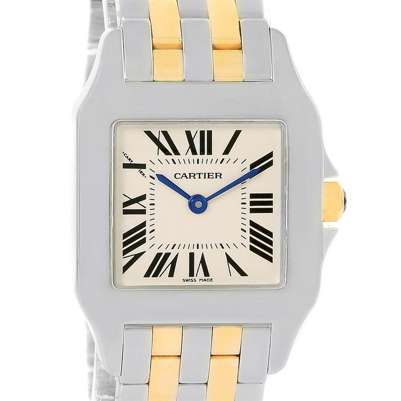 The Cartier Santos Demoiselle watch is shown from a front angle highlighting the face, bezel, and part of the bracelet.