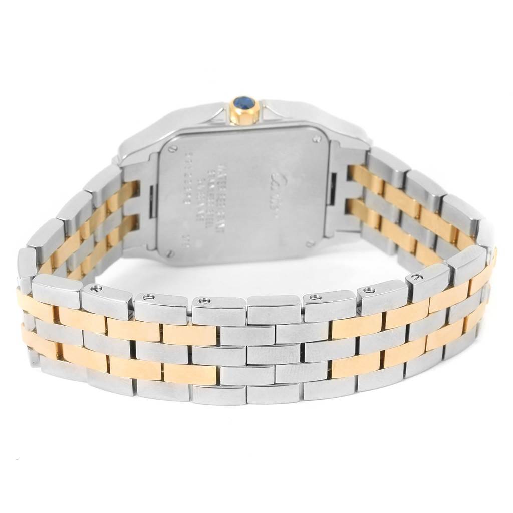 The image shows the back view of a Cartier Santos Demoiselle W25067Z6 Women's Steel and Gold (two tone) Silver Dial W25067Z6 Women's Steel and Gold (two tone) Silver Dial watch, highlighting the stainless steel and gold link bracelet.