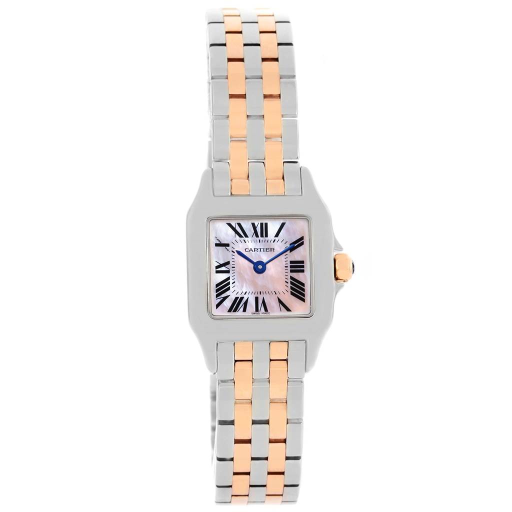 The Cartier Santos Demoiselle W25074Y9 Women's Steel and Gold (two tone) Mother of Pearl Dial W25074Y9 Women's Steel and Gold (two tone) Mother of Pearl Dial watch is shown from the front, displaying its square face and two-tone metal bracelet.
