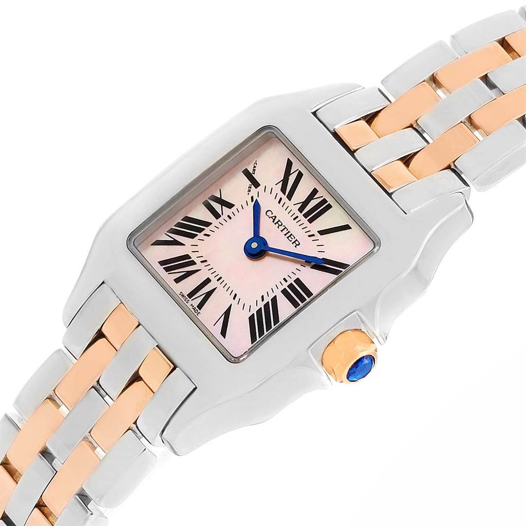 This image shows a Cartier Santos Demoiselle W25074Y9 Women's Steel and Gold (two tone) Mother of Pearl Dial W25074Y9 Women's Steel and Gold (two tone) Mother of Pearl Dial watch from an angled top view, displaying the face, bezel, and part of the bracelet.