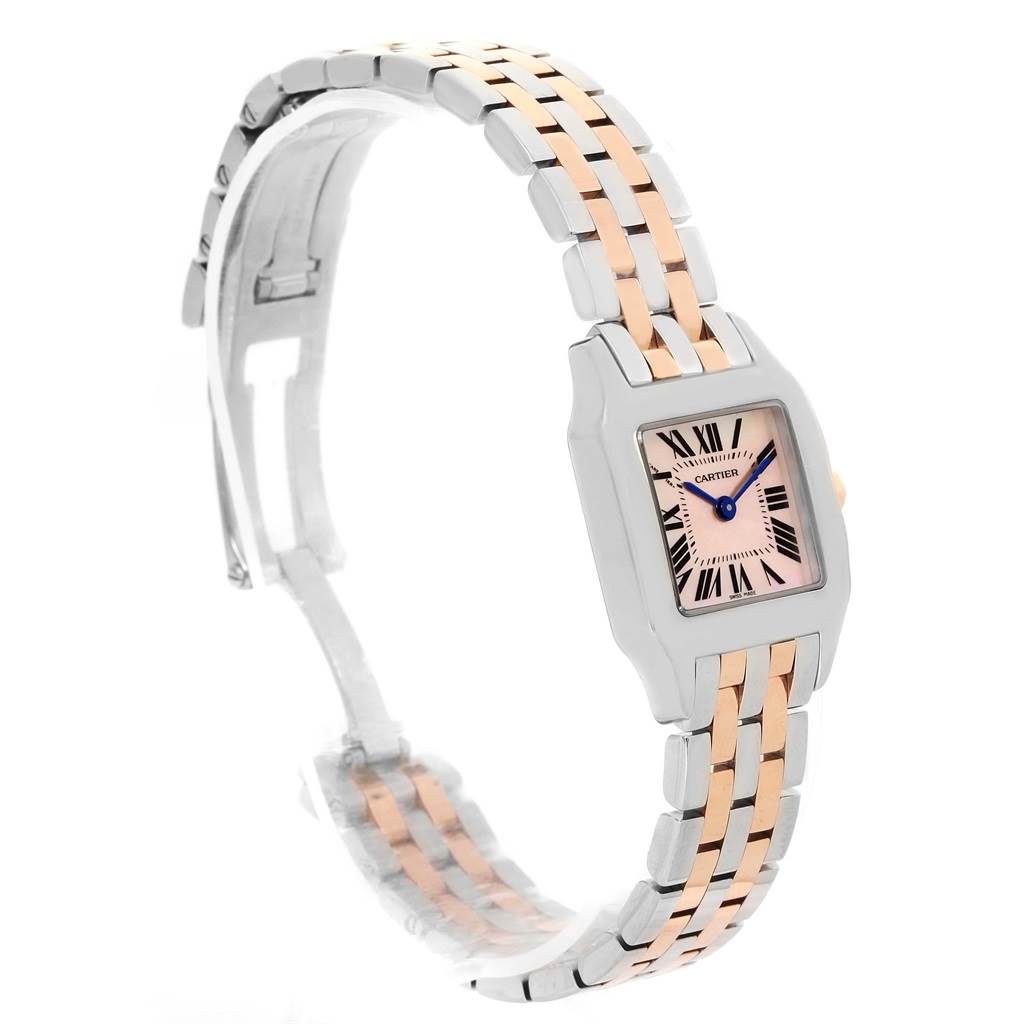 The image shows a side angle of a Cartier Santos Demoiselle W25074Y9 Women's Steel and Gold (two tone) Mother of Pearl Dial W25074Y9 Women's Steel and Gold (two tone) Mother of Pearl Dial watch, highlighting its rectangular face and two-tone bracelet.