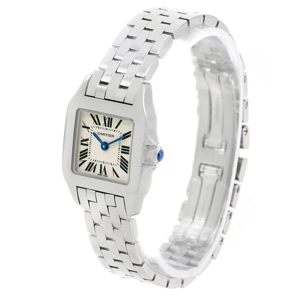 The Cartier Santos Demoiselle W25064Z5 Women's Stainless Steel Silver Dial W25064Z5 Women's Stainless Steel Silver Dial model watch is shown from an angled view displaying the dial, bezel, crown, and bracelet.