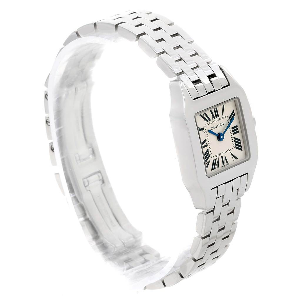 The image shows a side and front view of the Santos Demoiselle watch by Cartier, highlighting the bracelet and face.