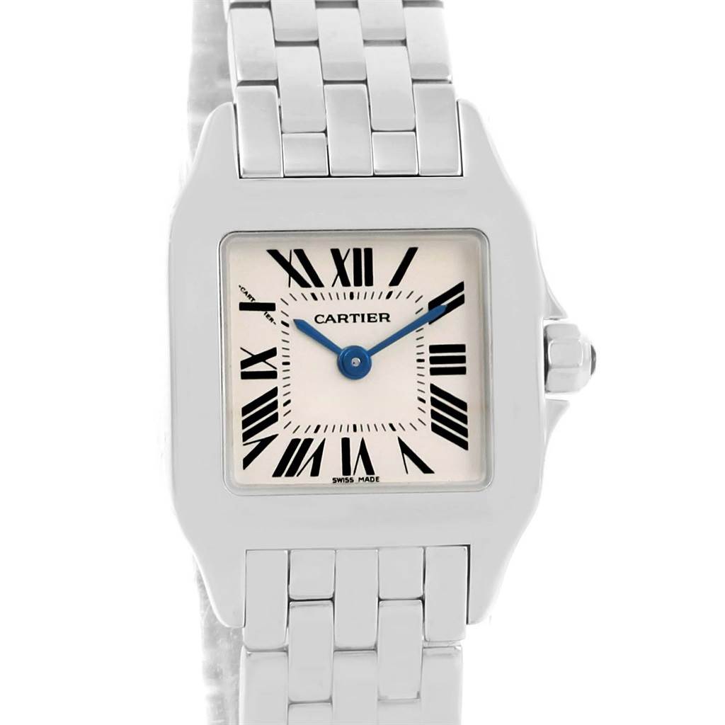 The image shows a front view of the Cartier Santos Demoiselle W25064Z5 Women's Stainless Steel Silver Dial W25064Z5 Women's Stainless Steel Silver Dial watch, highlighting its dial, bezel, crown, and bracelet.