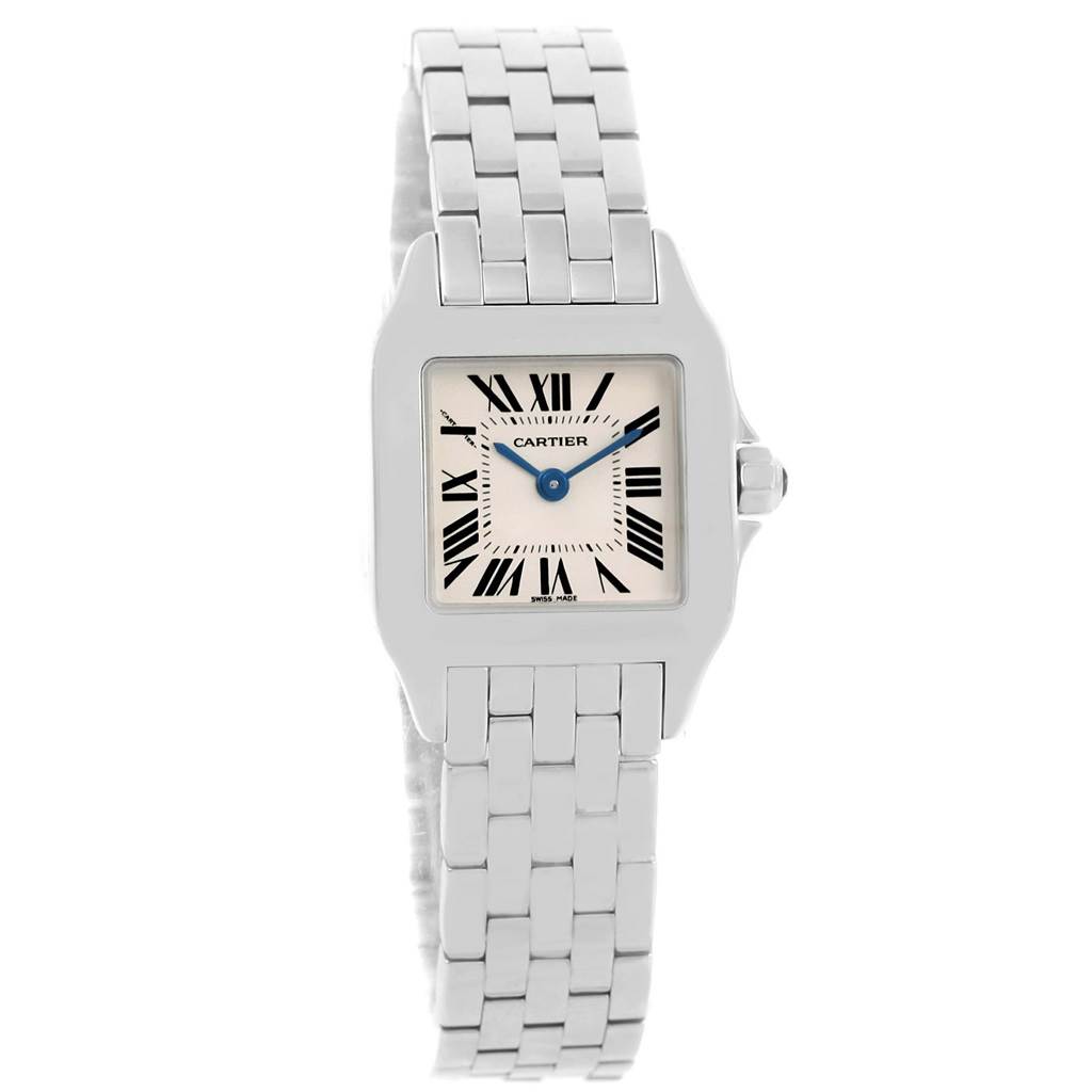 The image shows a front view of the Cartier Santos Demoiselle W25064Z5 Women's Stainless Steel Silver Dial W25064Z5 Women's Stainless Steel Silver Dial watch, displaying its face and bracelet.