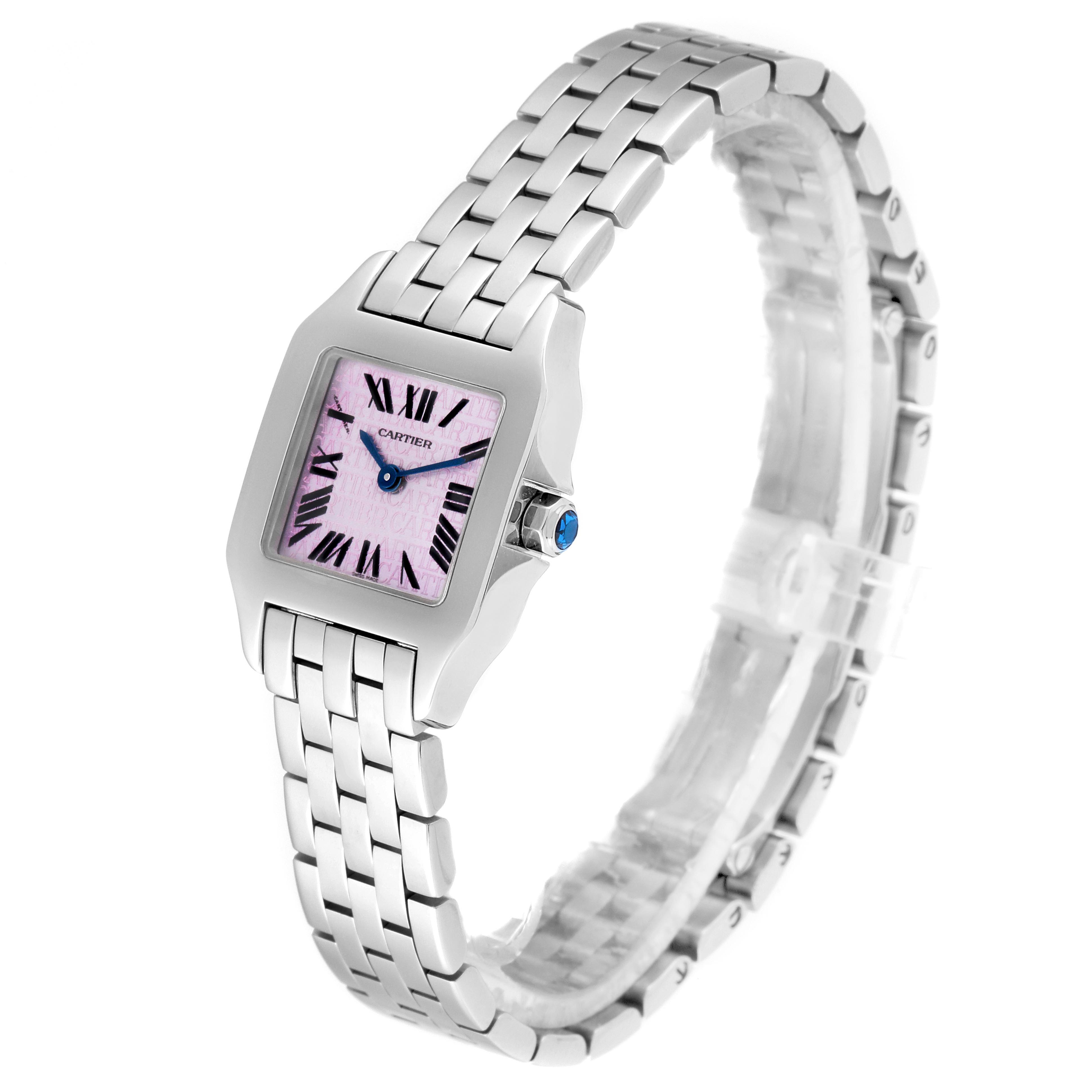 The image shows a Cartier Santos Demoiselle W2510002 Women's Stainless Steel Purple Dial W2510002 Women's Stainless Steel Purple Dial watch at a slight angled front view, featuring its face, bezel, crown, and bracelet.