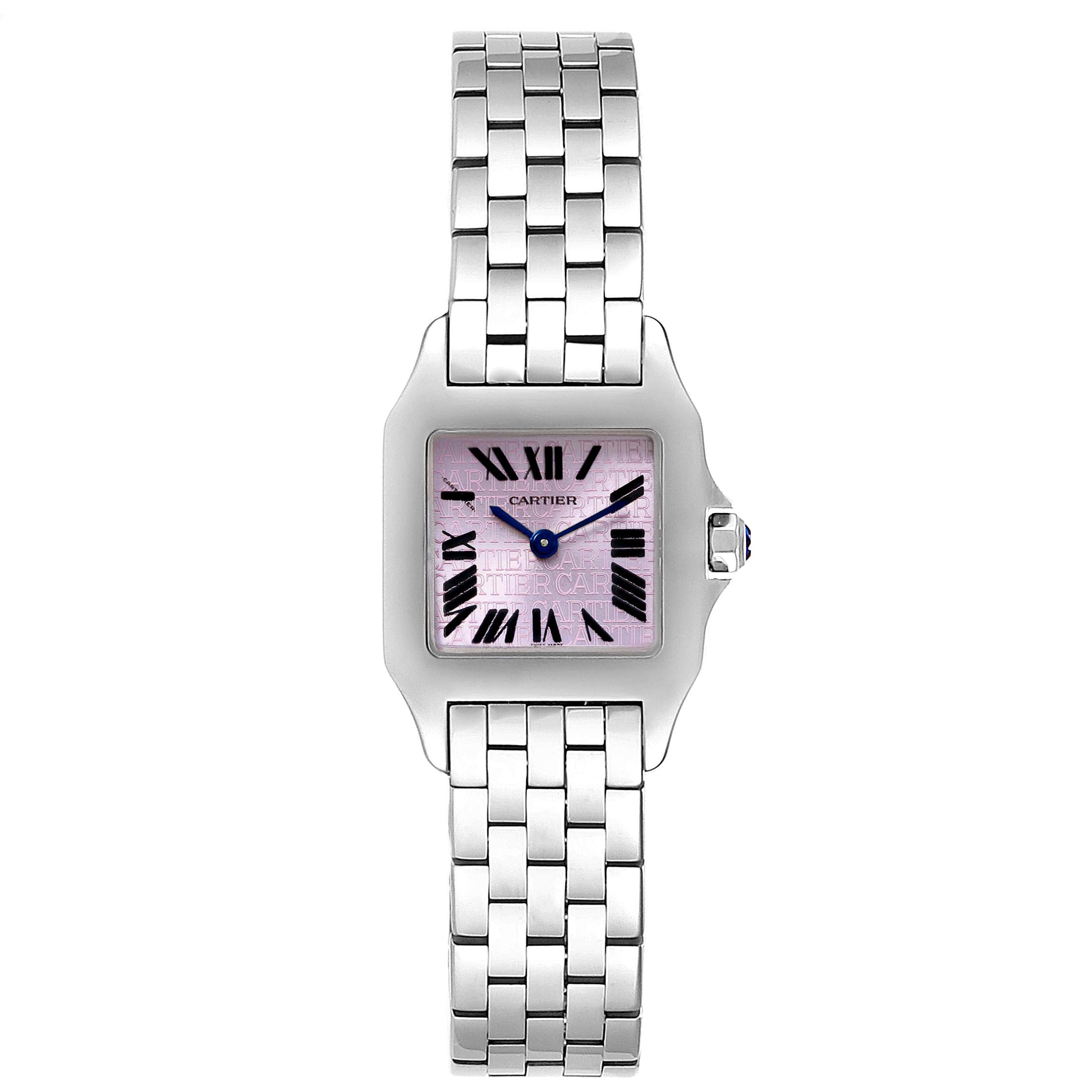 The Cartier Santos Demoiselle W2510002 Women's Stainless Steel Purple Dial W2510002 Women's Stainless Steel Purple Dial watch is shown from a top-down angle, displaying the dial, case, and bracelet.