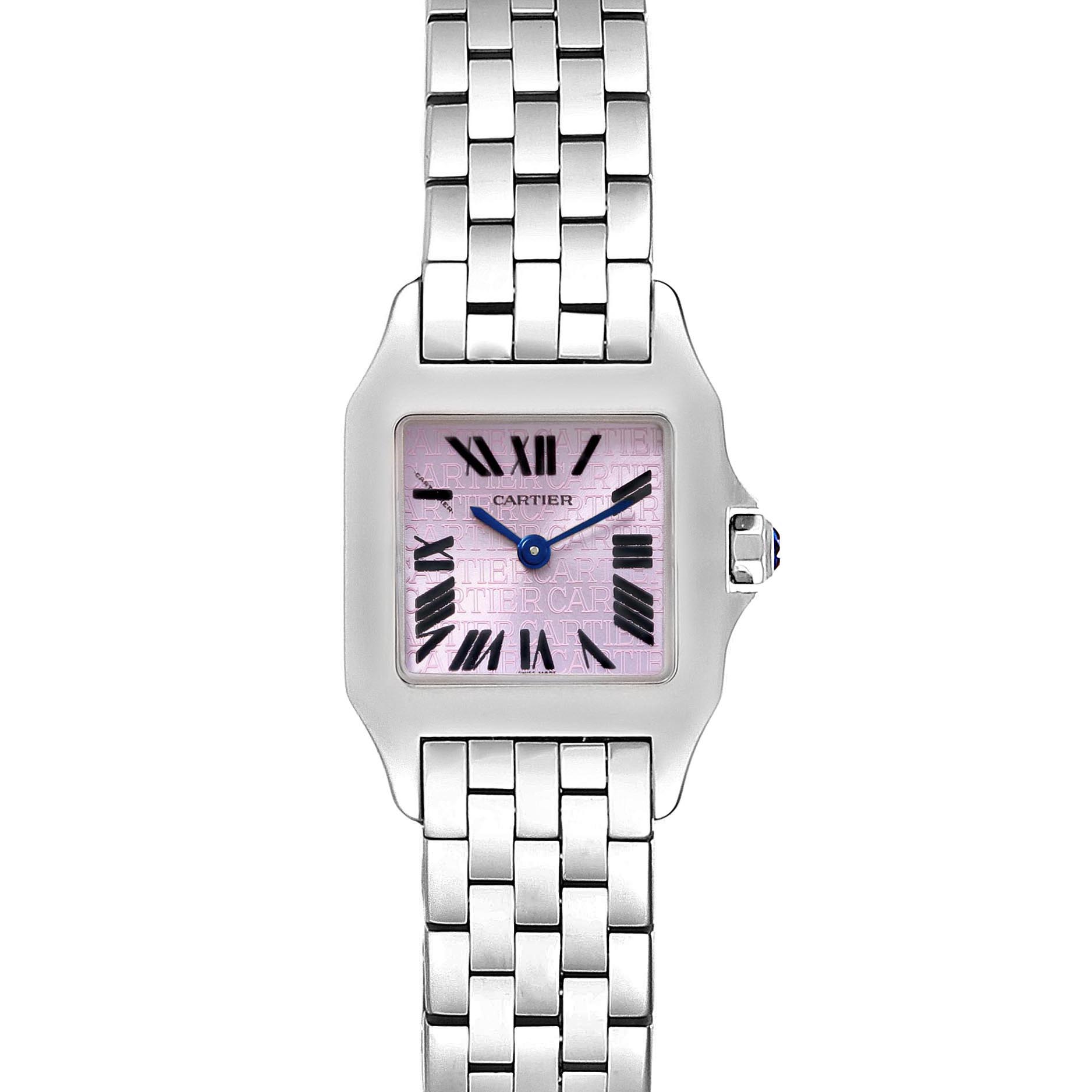 The image shows a front view of the Cartier Santos Demoiselle W2510002 Women's Stainless Steel Purple Dial W2510002 Women's Stainless Steel Purple Dial watch, displaying its face, bezel, and metal bracelet.