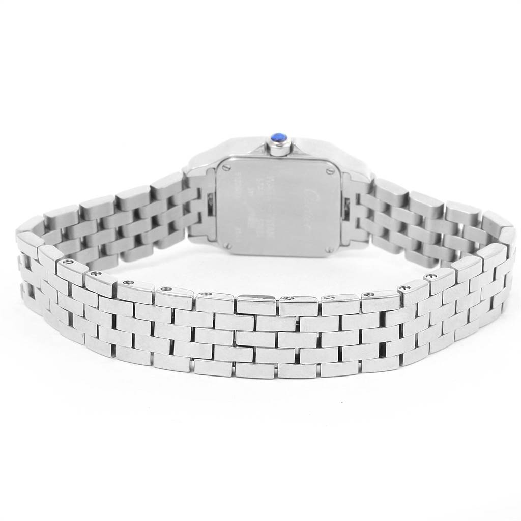 The image shows the back view of the Cartier Santos Demoiselle W2510002 Women's Stainless Steel Purple Dial W2510002 Women's Stainless Steel Purple Dial watch, featuring the case back and metal bracelet.