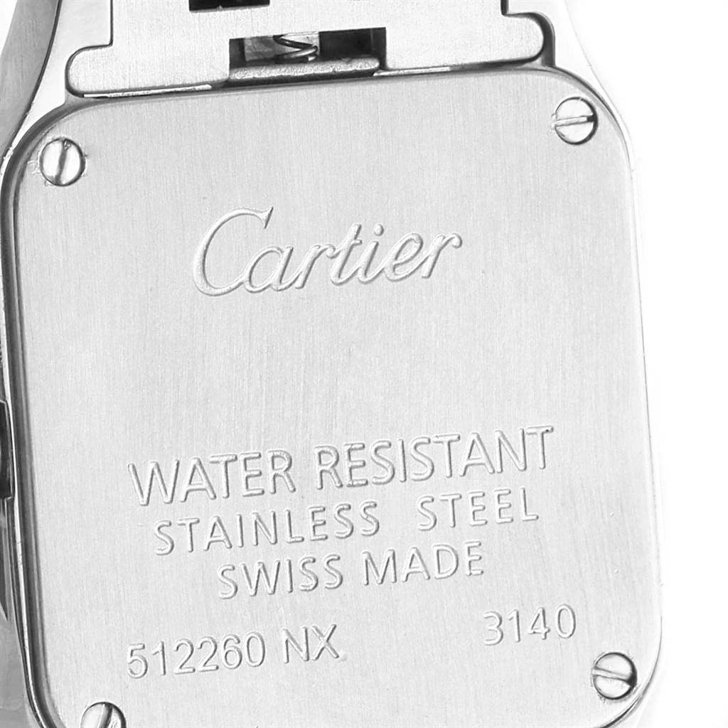 The image shows the back case of a Cartier Santos Demoiselle W2510002 Women's Stainless Steel Purple Dial W2510002 Women's Stainless Steel Purple Dial watch, highlighting its engravings.