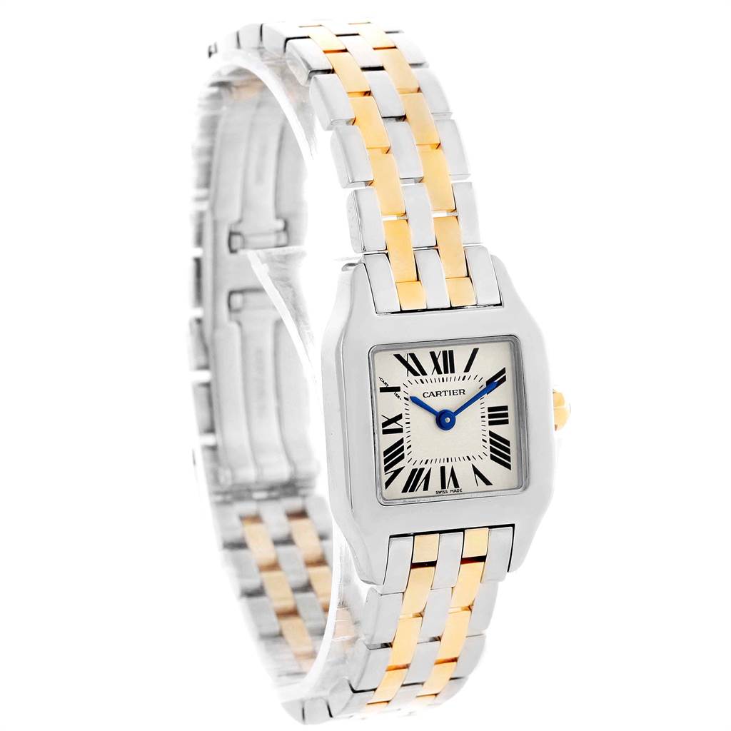 This image shows a Cartier Santos Demoiselle W25066Z6 Women's Steel and Gold (two tone) Silver Dial W25066Z6 Women's Steel and Gold (two tone) Silver Dial watch from a front angle, highlighting its square face and two-tone bracelet.