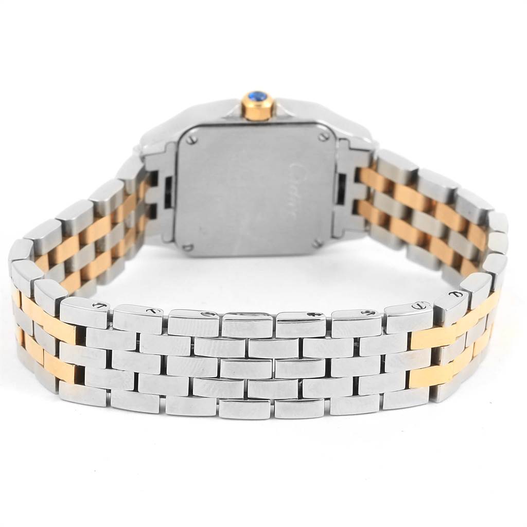 The image shows the back and bracelet of the Cartier Santos Demoiselle W25066Z6 Women's Steel and Gold (two tone) Silver Dial W25066Z6 Women's Steel and Gold (two tone) Silver Dial watch in a two-tone metal design.