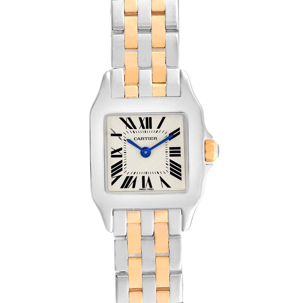The image shows a frontal view of a Cartier Santos Demoiselle W25066Z6 Women's Steel and Gold (two tone) Silver Dial W25066Z6 Women's Steel and Gold (two tone) Silver Dial watch, highlighting its face, bezel, and bracelet.