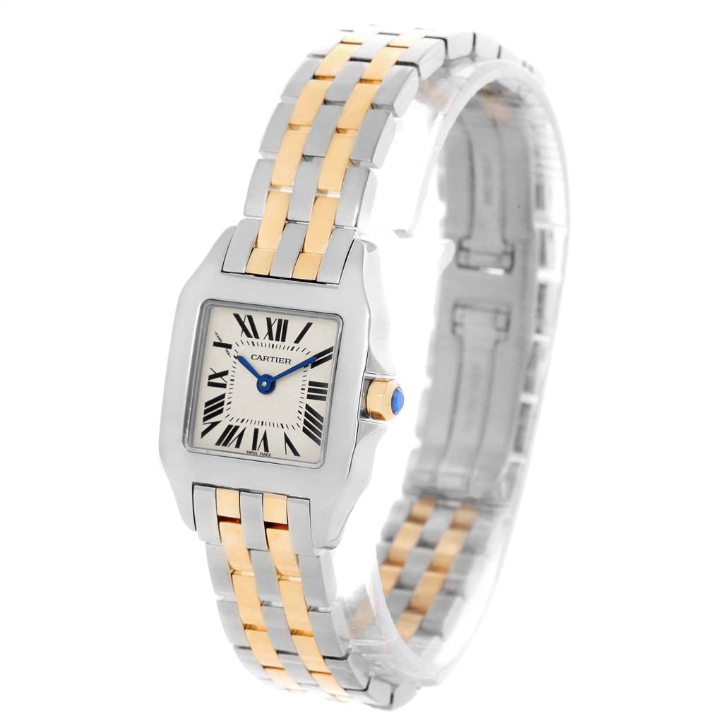 The image showcases a Cartier Santos Demoiselle W25066Z6 Women's Steel and Gold (two tone) Silver Dial W25066Z6 Women's Steel and Gold (two tone) Silver Dial watch at a slight side angle, highlighting its two-tone bracelet and square bezel.