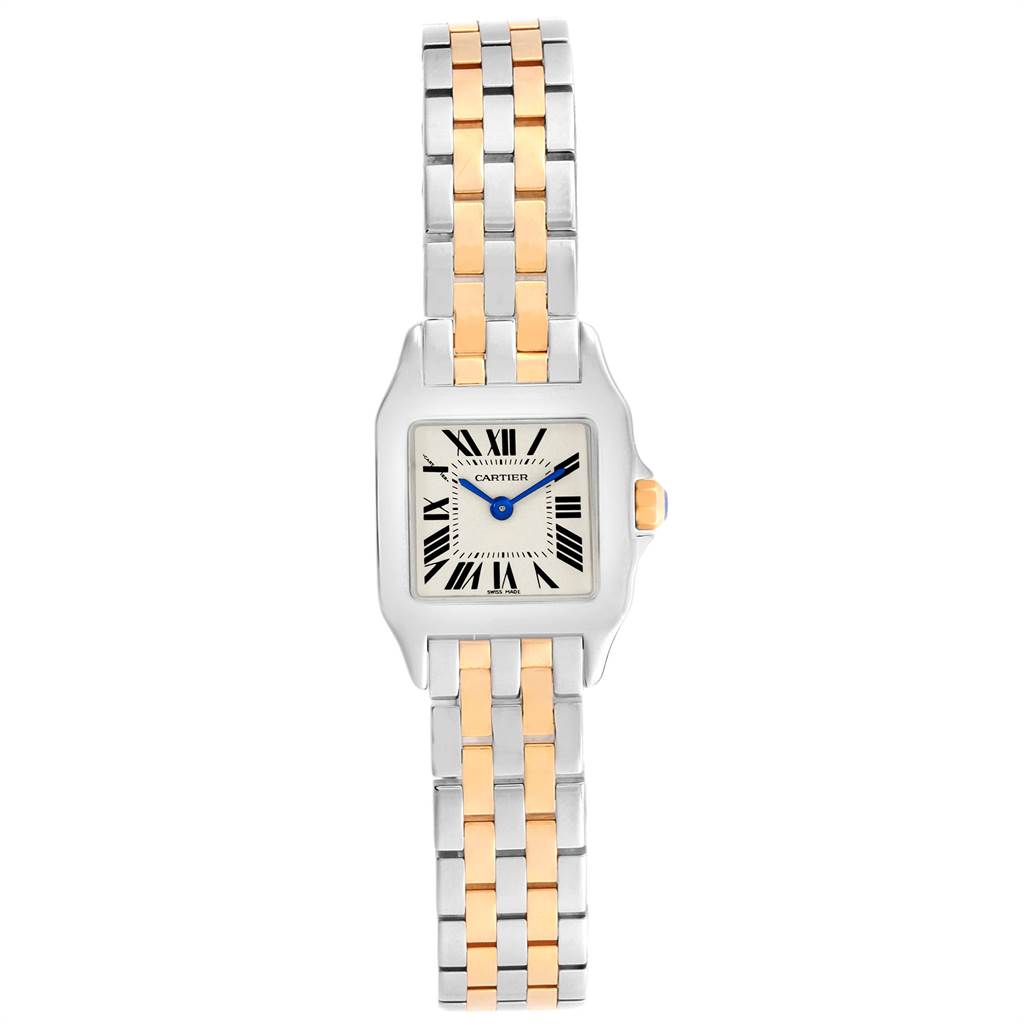The image shows a frontal view of the Santos Demoiselle model by Cartier, highlighting its two-tone bracelet and square dial.