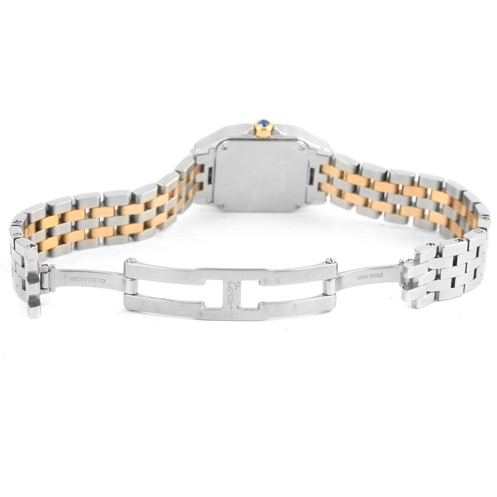 The image shows the back view of the Cartier Santos Demoiselle W25066Z6 Women's Steel and Gold (two tone) Silver Dial W25066Z6 Women's Steel and Gold (two tone) Silver Dial watch, highlighting the clasp and bracelet.