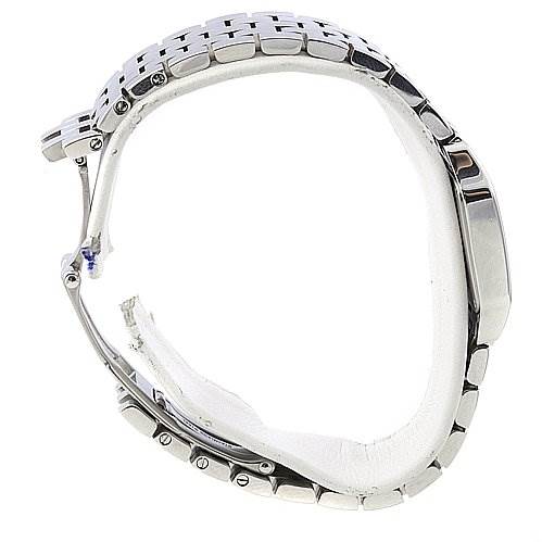 The image shows a side view of the Santos Demoiselle watch by Cartier, highlighting the bracelet and case thickness.