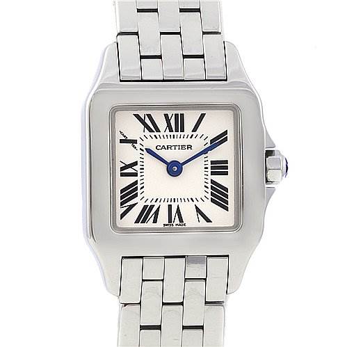 This image shows a Cartier Santos Demoiselle W25064Z5 Women's Stainless Steel White Dial W25064Z5 Women's Stainless Steel White Dial watch from a front angle, highlighting the face, Roman numerals, hands, and part of the bracelet.