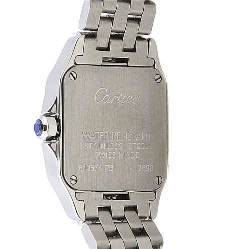 The image shows the back and side of a Cartier Santos Demoiselle W25064Z5 Women's Stainless Steel White Dial W25064Z5 Women's Stainless Steel White Dial watch, highlighting the stainless steel case, bracelet, and a blue crown.